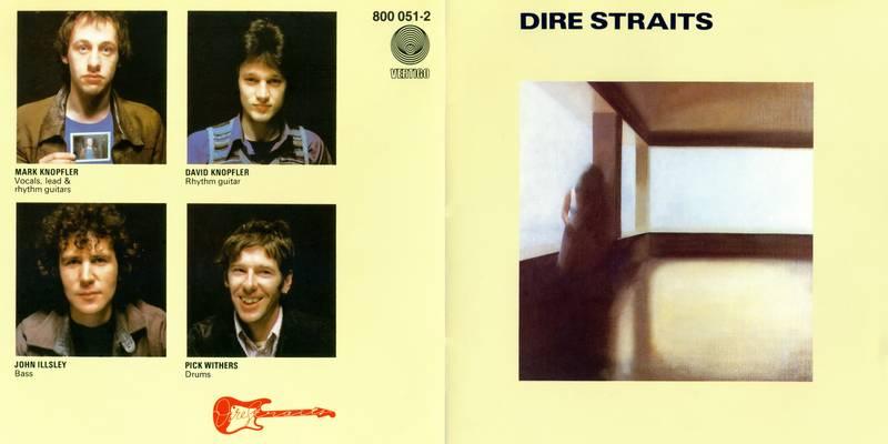 album debut dire straits sobre un fondo amarillo a la izquierda está la imagen de los integrantes de la banda y a la derecha la imagen del álbum 