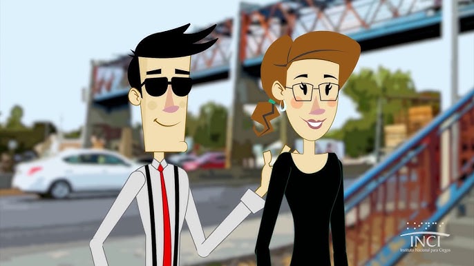 animación de gastón junto a una mujer que lo está guiando