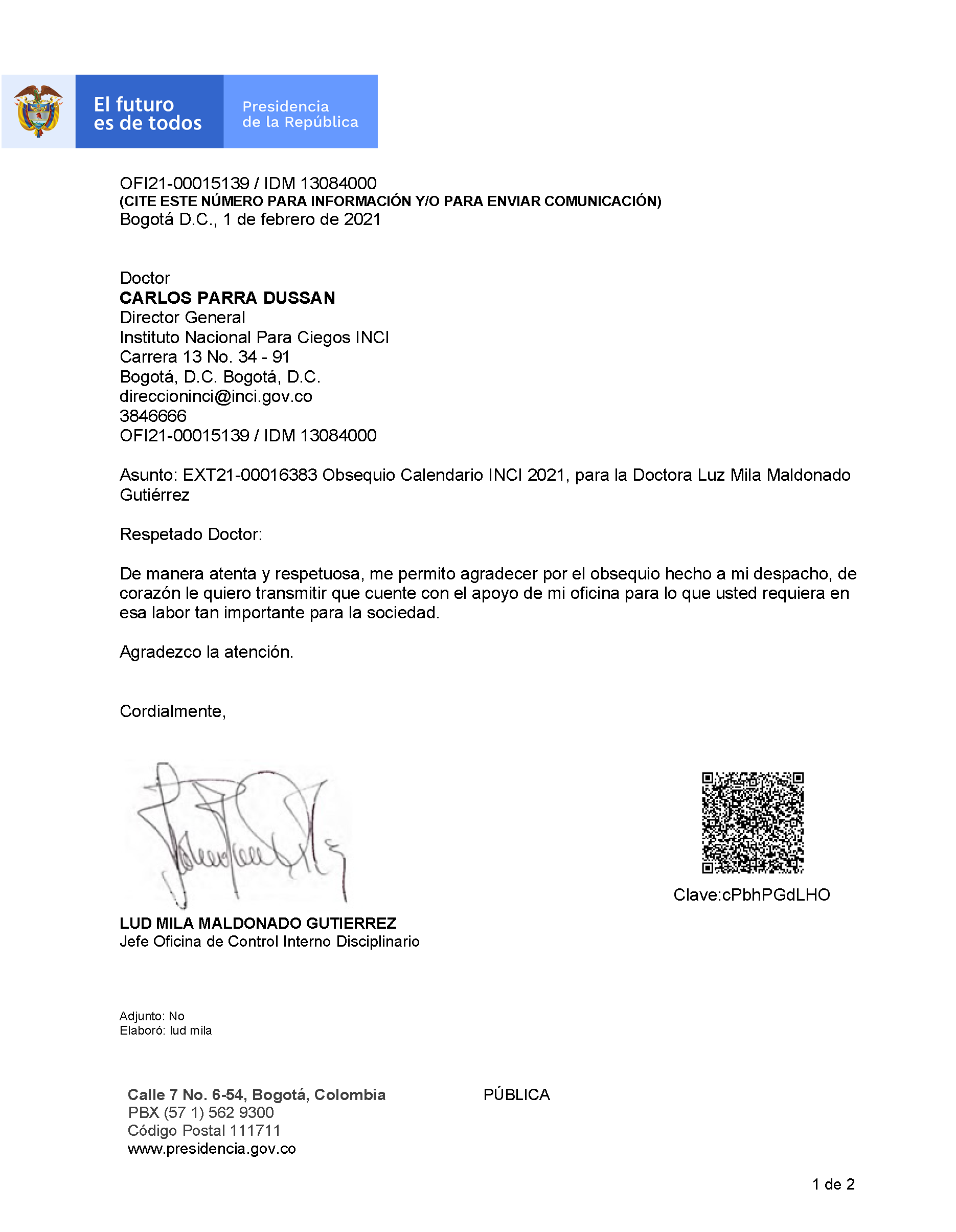 Imagen, Carta Agradecimiento Lud Mila Maldonado, Jefe oficina control interno