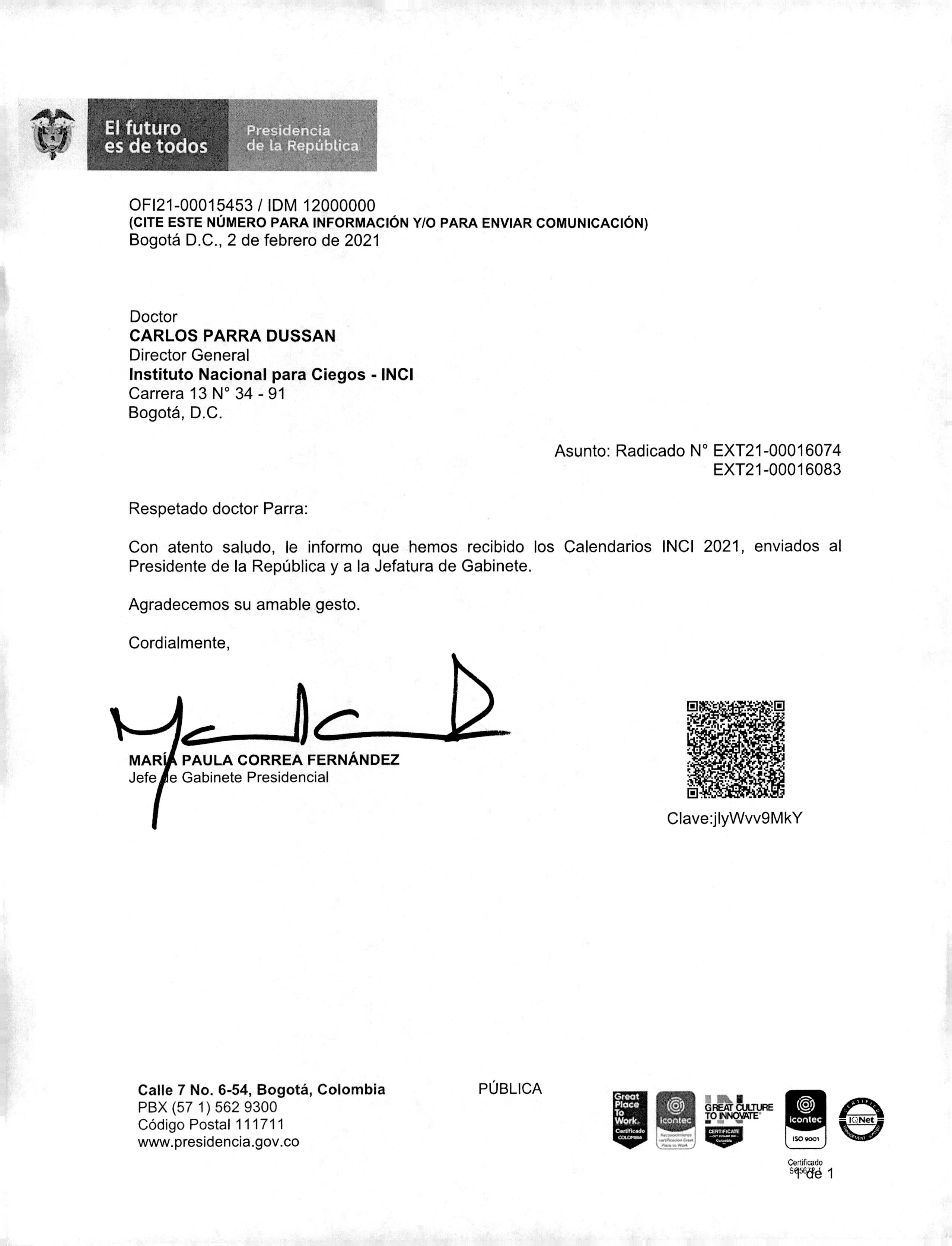 Imagen, Carta Agradecimiento María Paula Correa, Jefe de Gabinete Presidencial