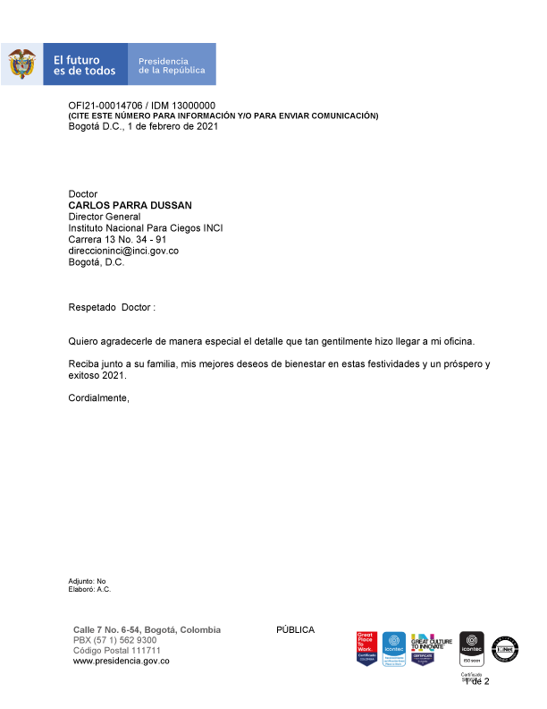 Imagen, Carta Agradecimiento Diego Molano, Director departamento Administrativo presidencia de la república