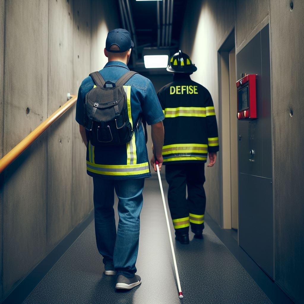 persona ciega siendo guiada por un bombero