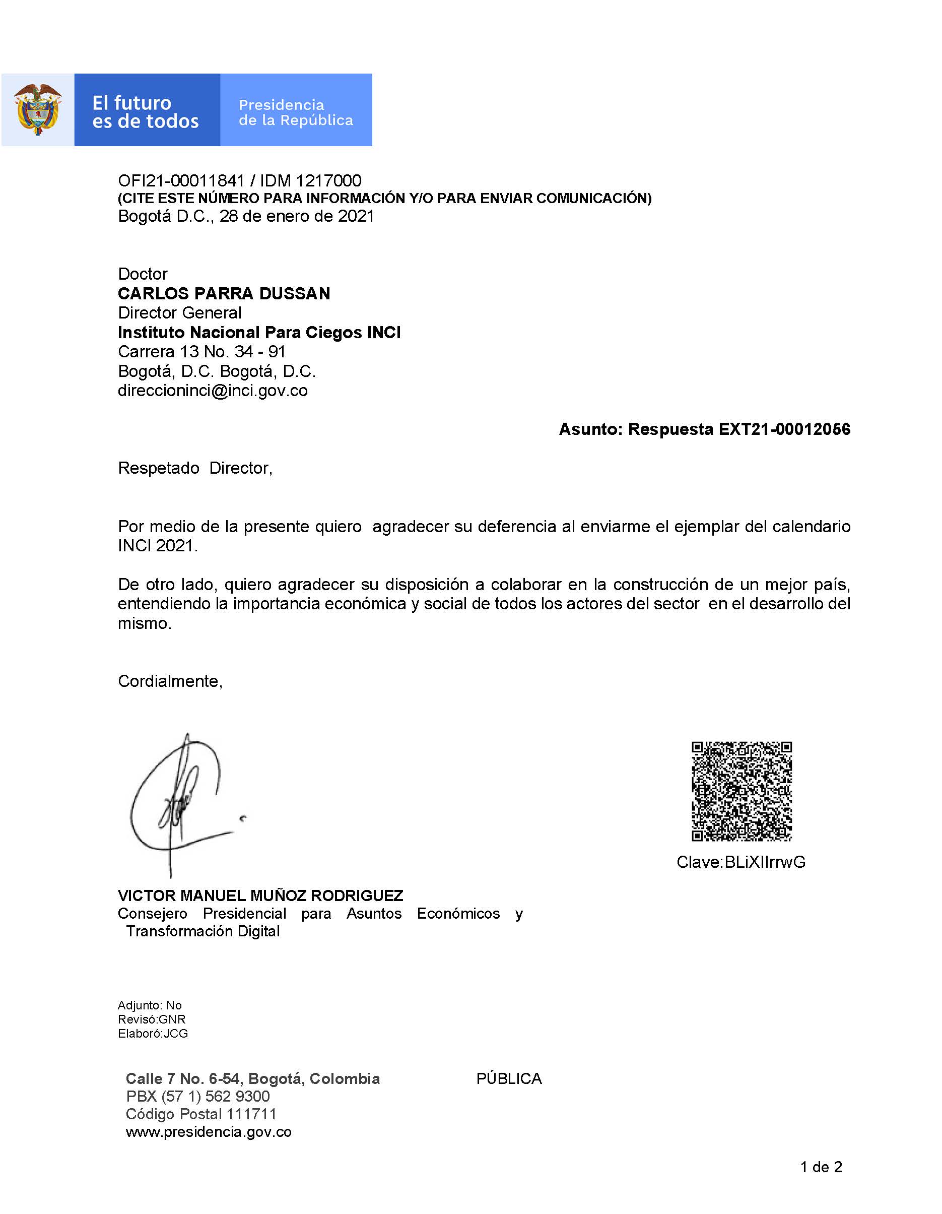 Imagen, Carta Agradecimiento Víctor Manuel Muñoz, Consejero Presidencial