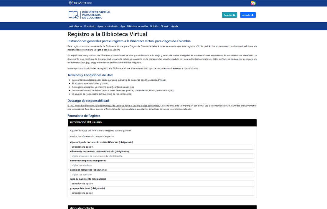 Formulario de registro web, Biblioteca Nacional para Ciegos