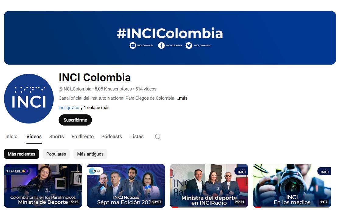 Captura de pantalla del canal oficial en YouTube del INCI - INCI Colombia en