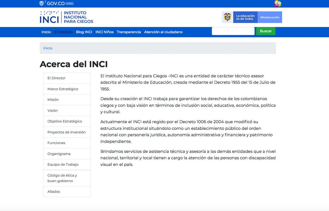 Captura de pantalla, nueva página web del INCI