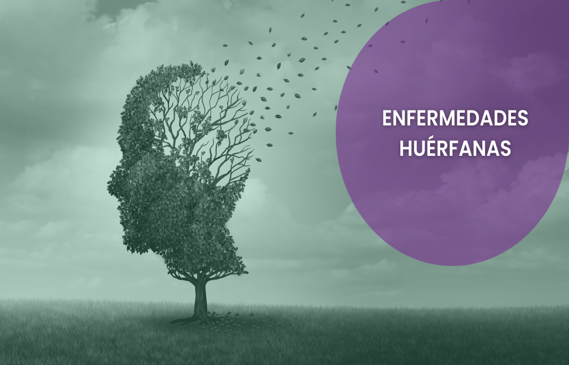 imagen en color verde un arbol simula la cara de medio lado de una persona las hojas se alejan  y llegan a un letrero en color morado en el se lee en blanc enfermedades huerfanas