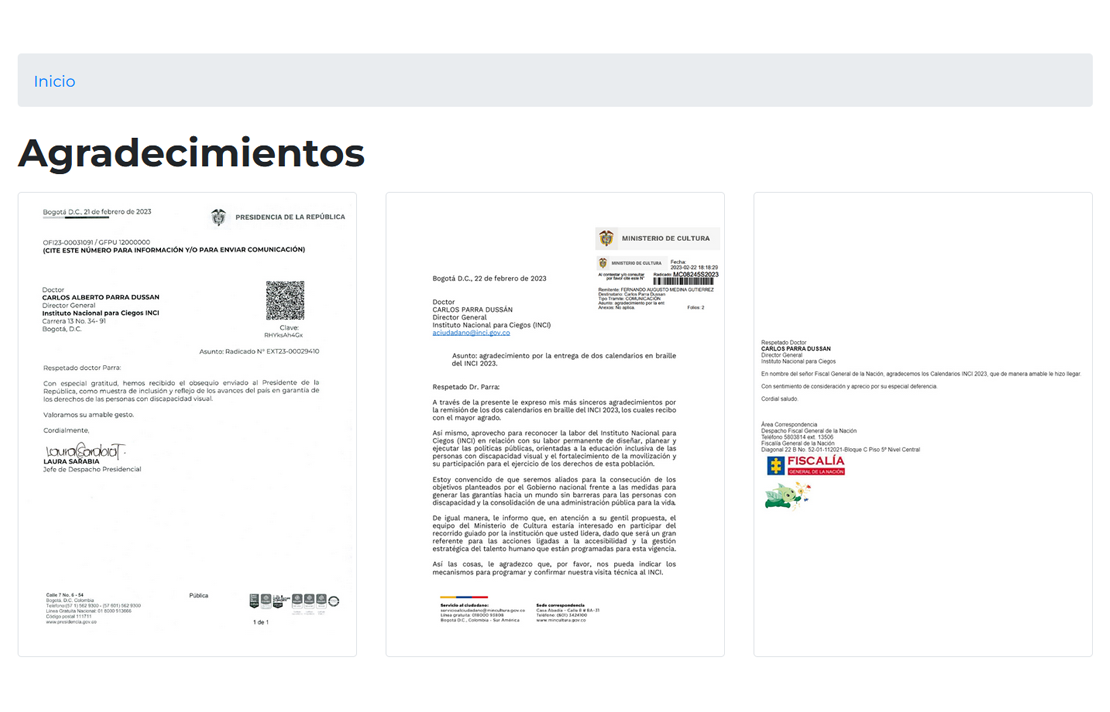 Captura de pantalla sección de Agradecimientos donde se pueden observar 3 cartas de entidades estatales