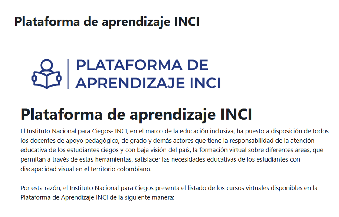 Captura de pantalla de la Plataforma de Aprendizaje INCI, que abrirá próximamente inscripciones a sus cursos