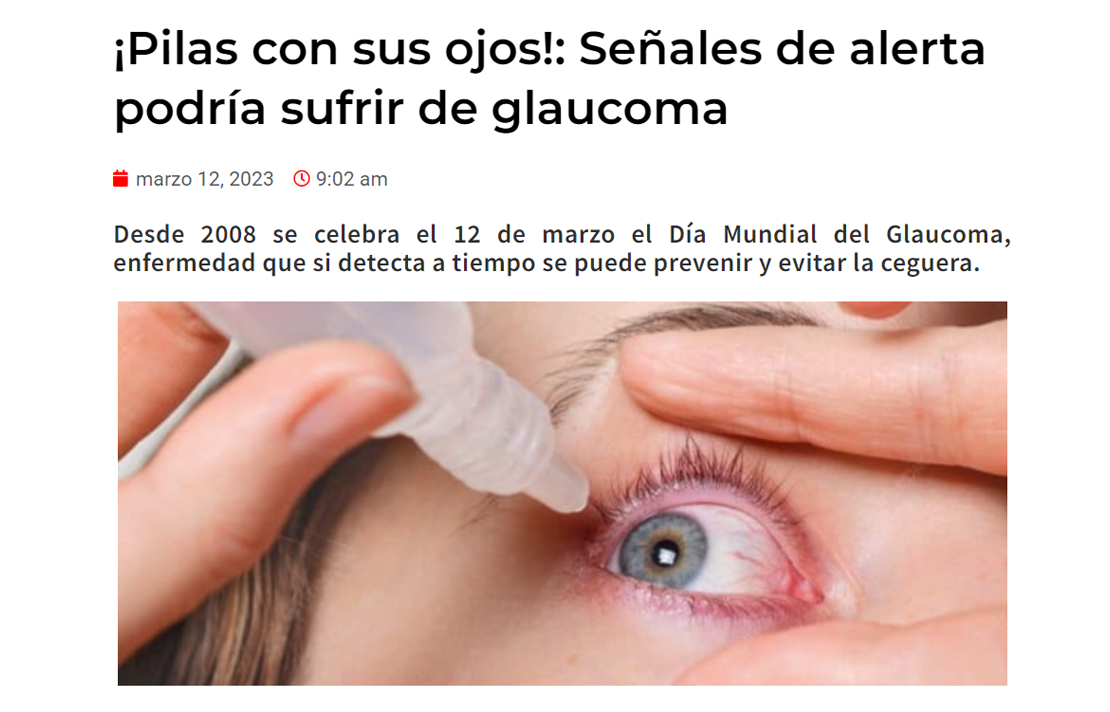 Captura de pantalla sitio web Diario Digital Extra, en la nota se advierte de las señales de alerta sobre el glaucoma