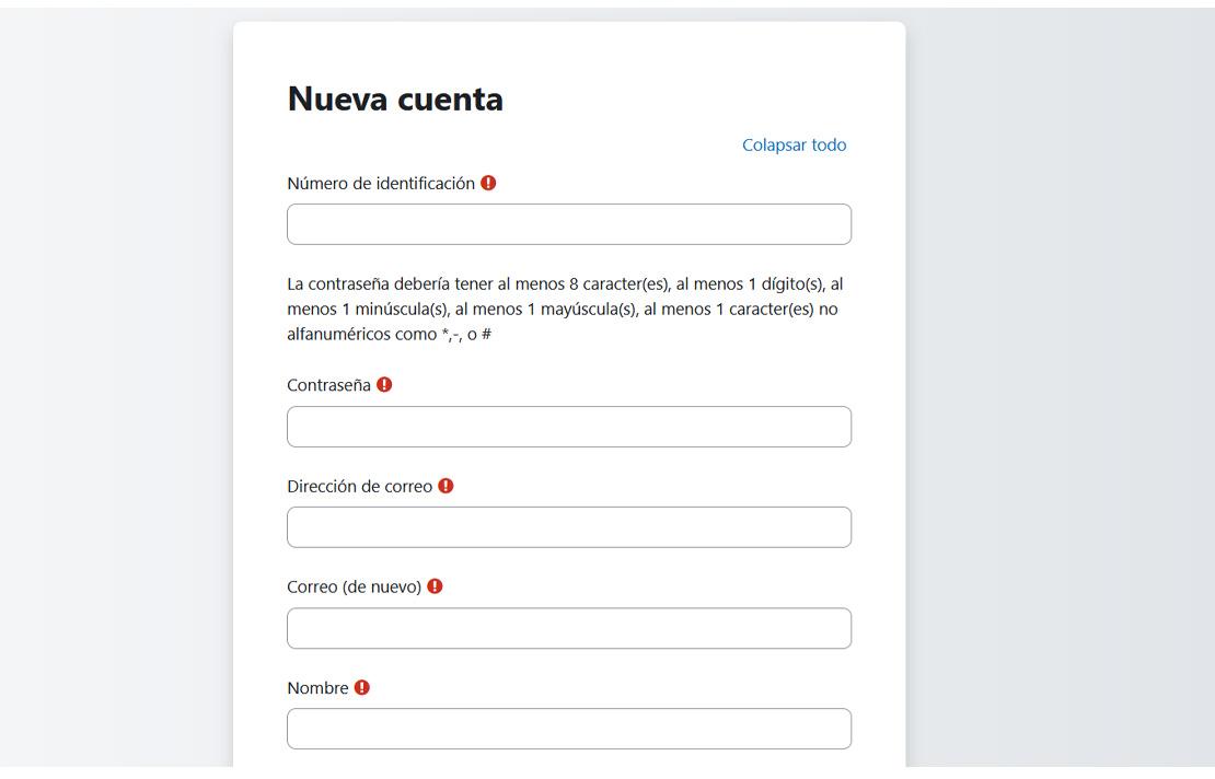 Captura de pantalla formulario de inscripción plataforma e-learing del INCI