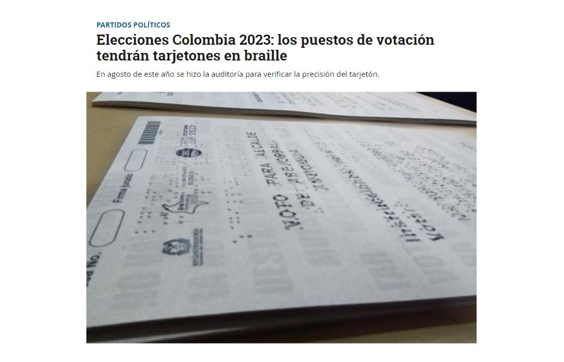 Captura de pantalla nota periódico El Tiempo - Elecciones Colombia 2023: los puestos de votación tendrán tarjetones en braille