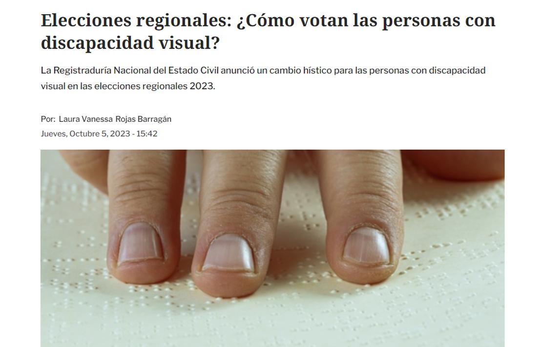 Captura de pantalla Pagina web emisora la fm, nota : Elecciones regionales: ¿Cómo votan las personas con discapacidad visual?