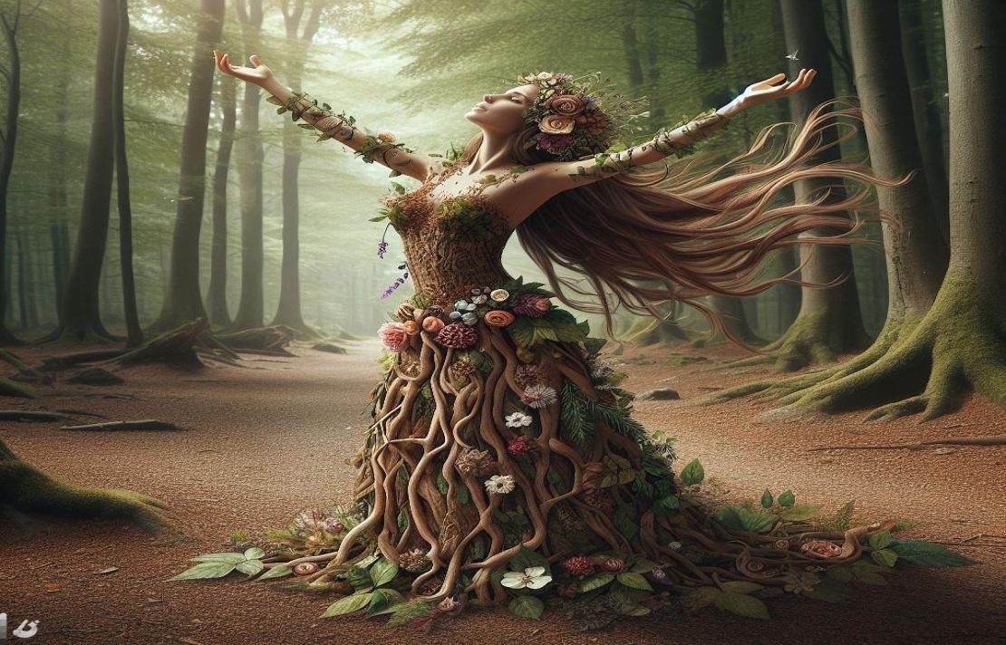 una mujer en representación de la madre naturaleza abre sus brazos, tiene una cabellera larga, en sus brazos hay ramas de arboles y flores, lo mismo que su vestido es creado por ramas de arboles y flores, el vestido es largo y llega hasta el piso uniendose con él