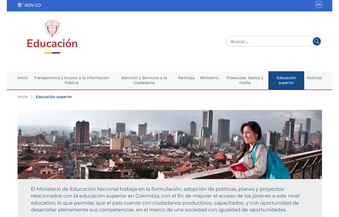 Captura de pantalla sitio web Ministerio de Educación sección Educación Superior