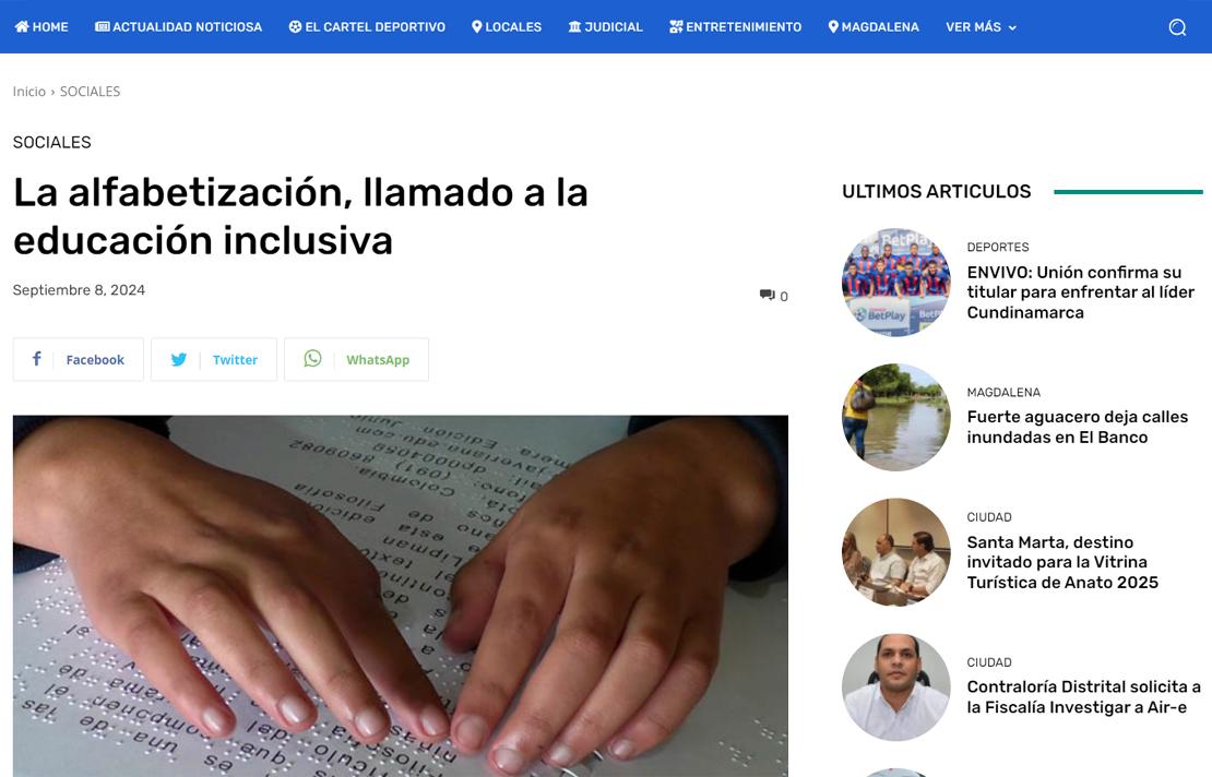 Captura de pantalla sitio web Radio Hoy, nota La alfabetización, llamado a la educación inclusiva.