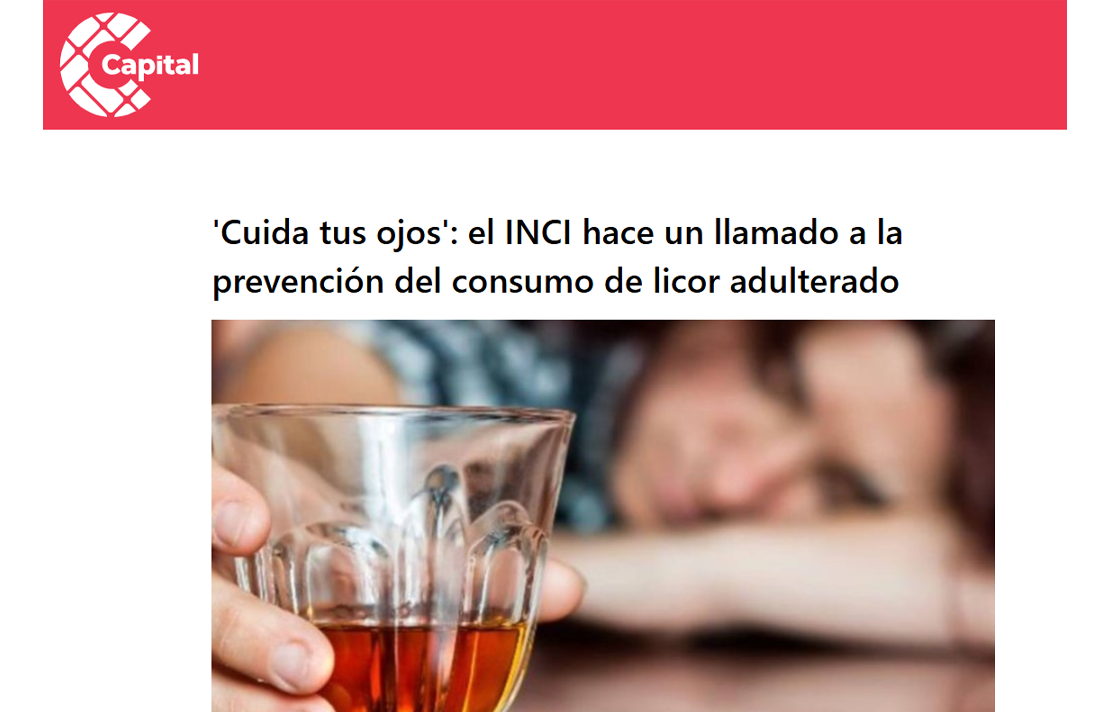 Captura de pantalla portal web Canal capital, en su nota 'Cuida tus ojos': el INCI hace un llamado a la prevención del consumo de licor adulterado