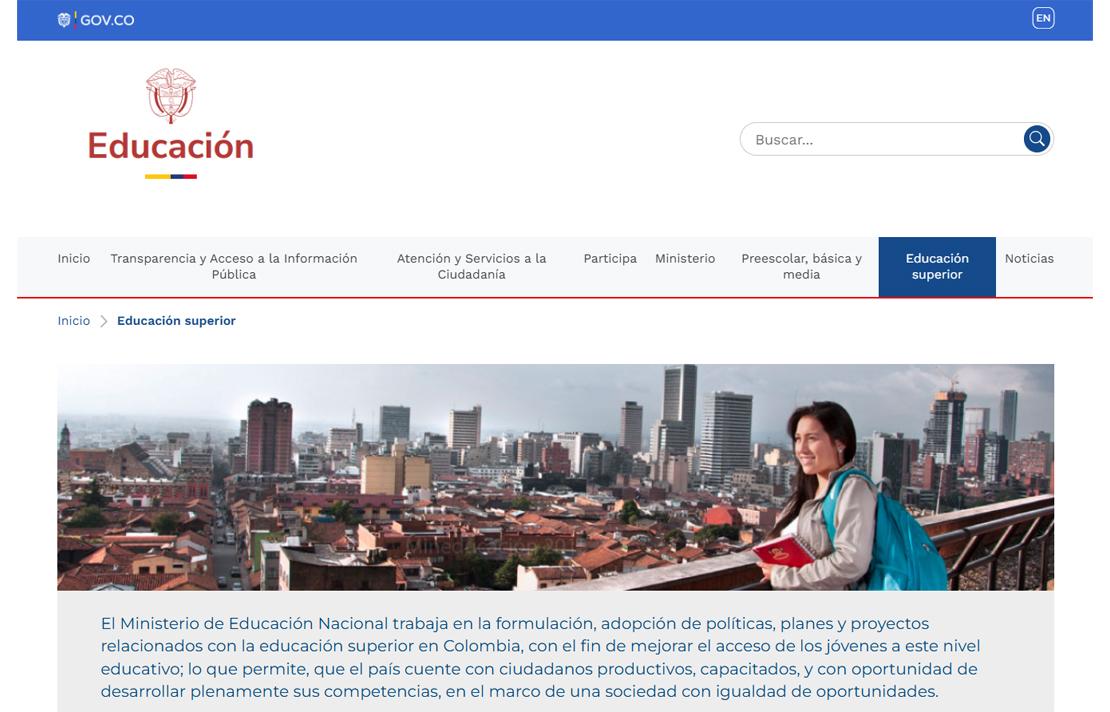 Captura sitio web del Ministerio de Educación Nacional, en la sección referente a la Educación Superior