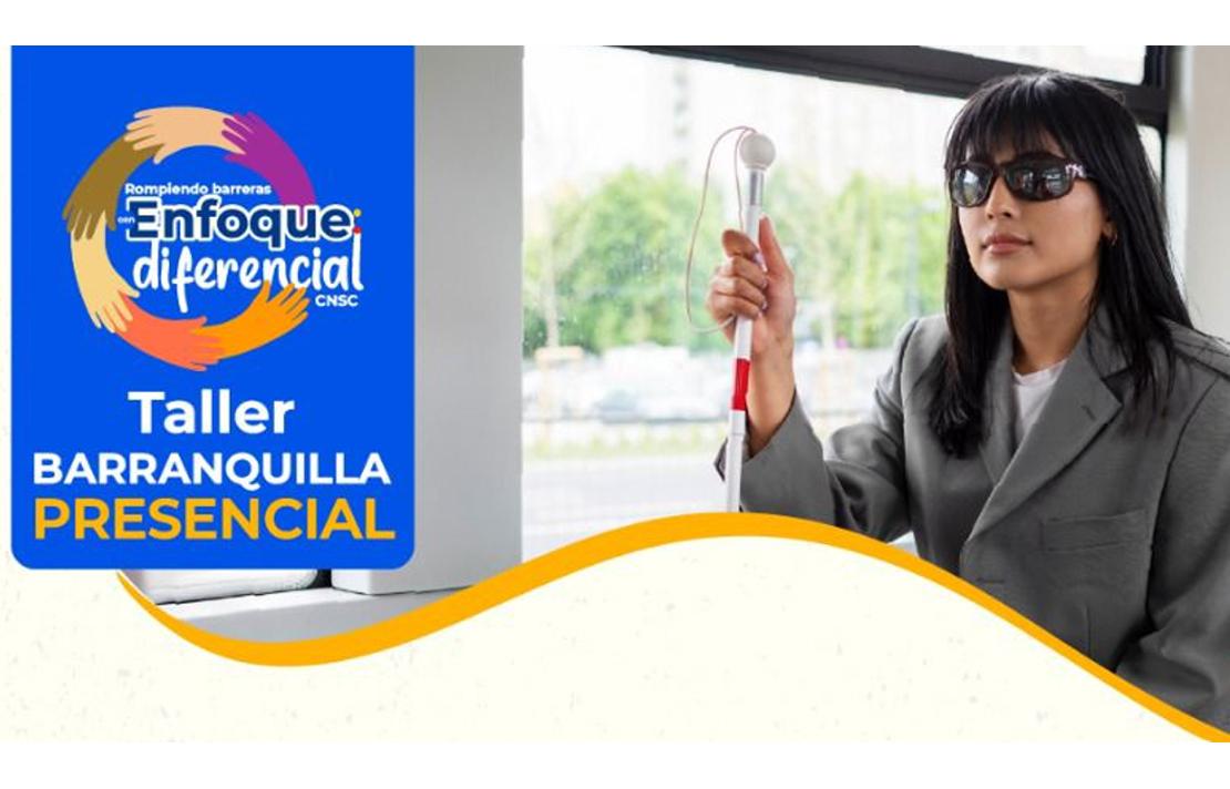 Imagen publicitaria del taller Rompiendo barreras: Taller con enfoque diferencial para personas con discapacidad visual en Barranquilla. en el se observa una mujer ciega sosteniendo una bastón blanco