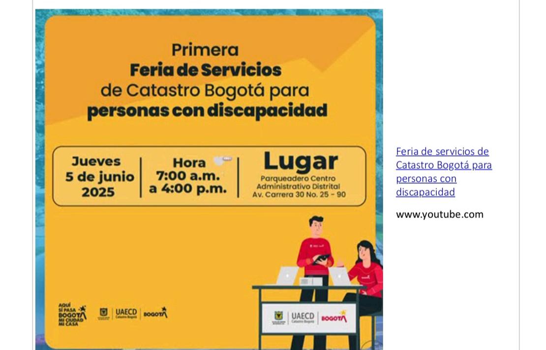 Invitación a la primera Feria de Servicios de Catastro Bogotá para personas con discapacidad, este jueves 5 de junio.