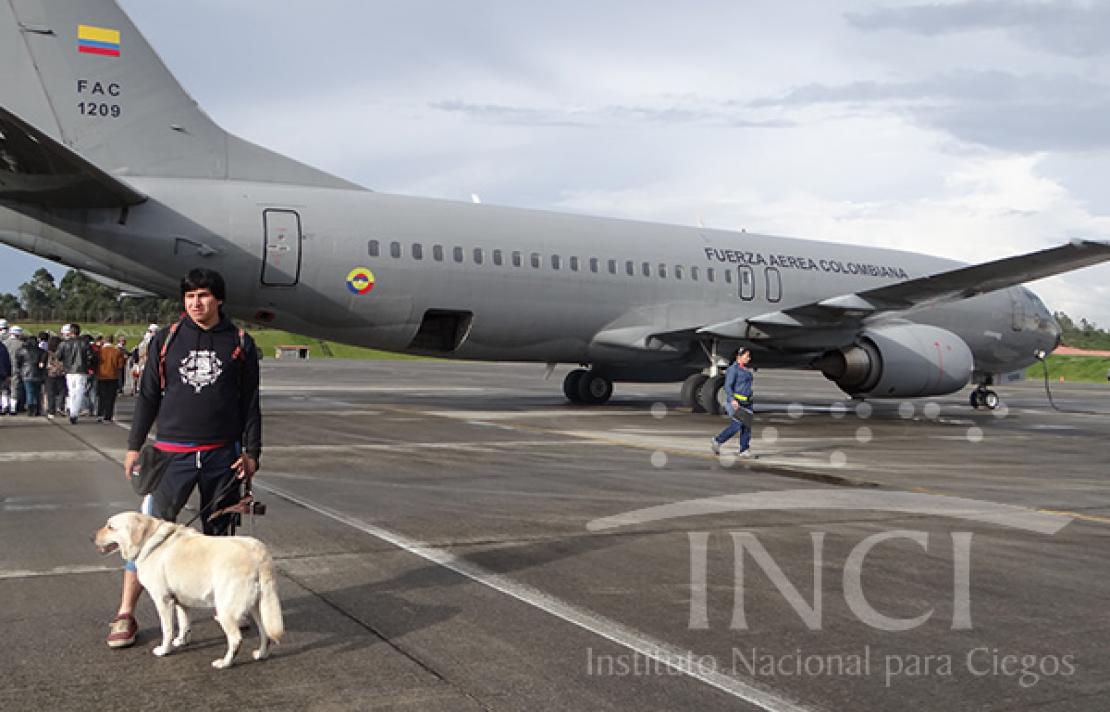 Fotografía, Persona ciega en compañía de su perro lazarillo y al fondo avión de la fuerza aérea 