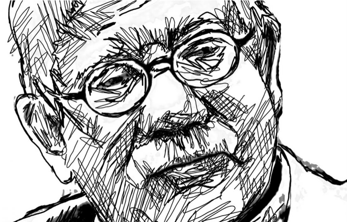 Imagen: sobre un fondo blanco aparece con trazos el rostro de Jairo Anibal Niño, imagen tomada de la Revista Canéfora