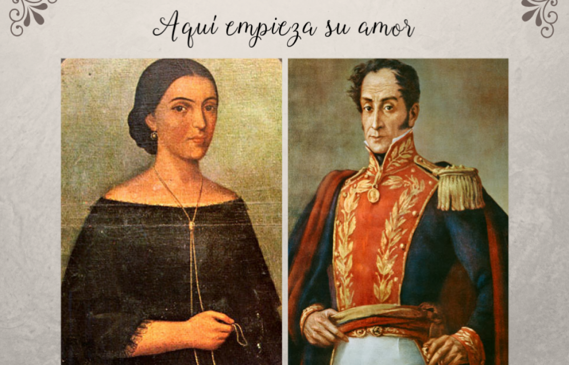 Imagen pintada de Manuelita Saenz y Simón Bolívar en la parte superior se lee aquí empieza su amor