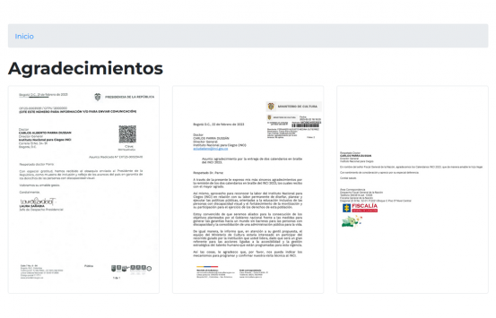 Captura de pantalla sección de Agradecimientos donde se pueden observar 3 cartas de entidades estatales