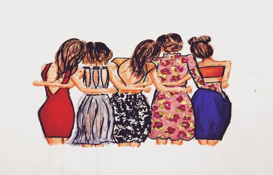 Dibujo de varias mujeres de espalda abrazadas