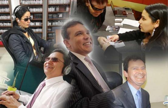 imagen de varias personas con discapacidad visual que trabajan en el inci que se funden en un collage, aparece Luisa Moreno, Hermes Cely, El Directo Carlos Parra, Diana Parra y el Subdirector Pedro Andrade